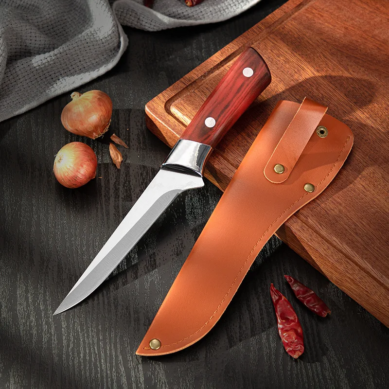 11 Inch Sharp Butcher Stainless Steel Boning Knife with Plastic Wood Grain Handle and Leather Holster