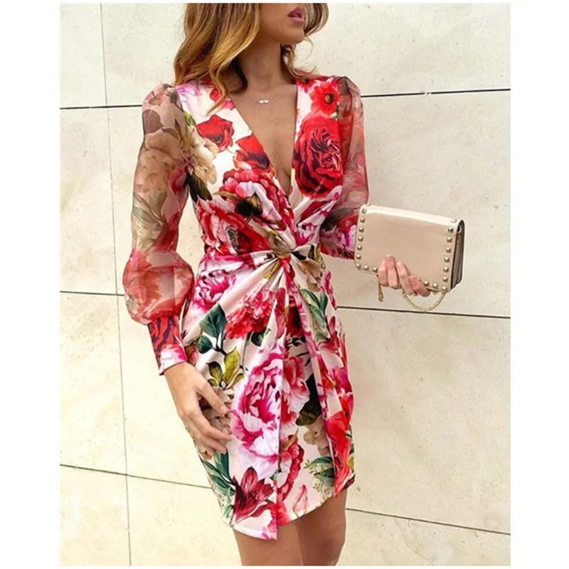 Mesh Floral Print Twisted Waist Midi Dress Elegant Night Out Bodycon Party Dress