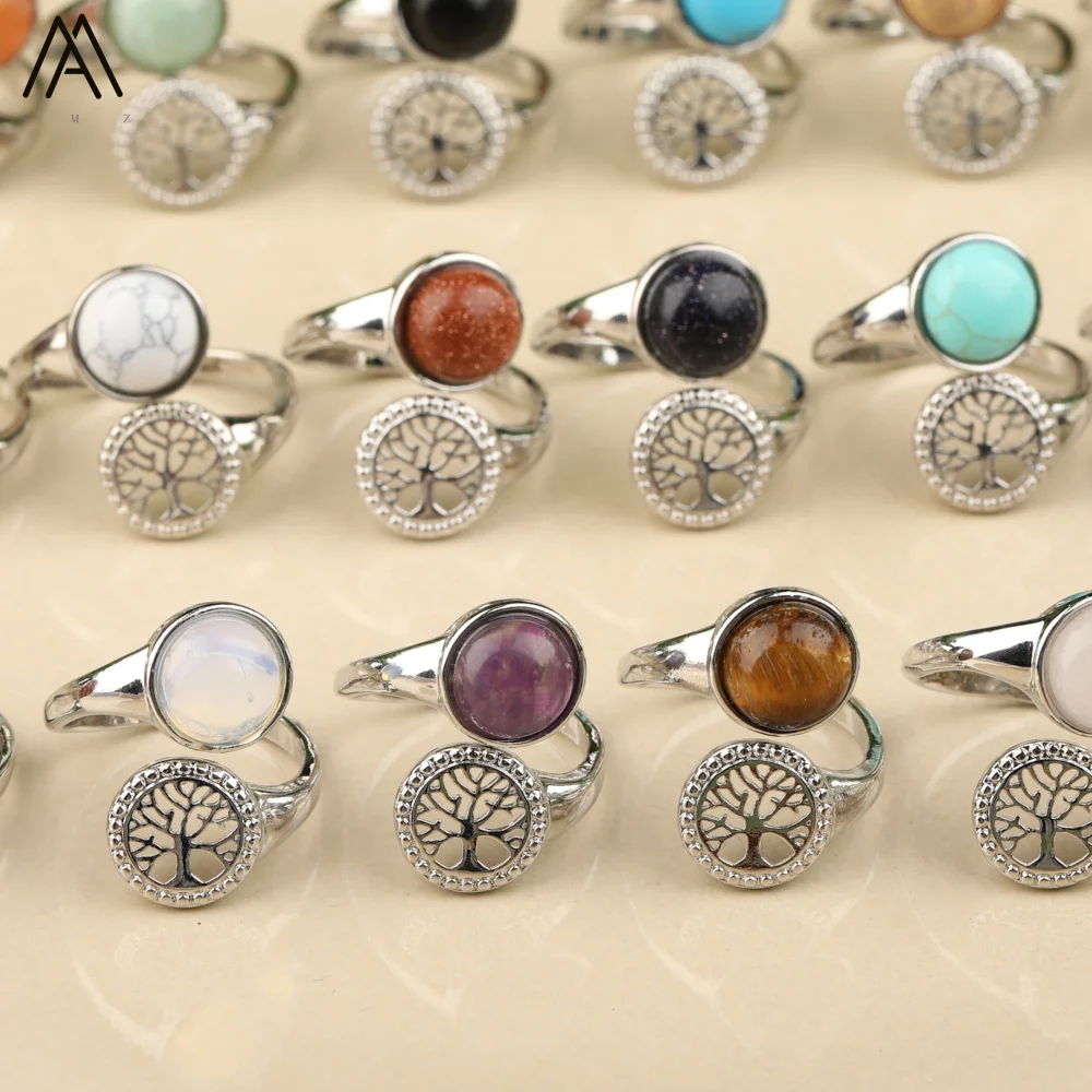 Silver Ring , Round Beads , Gemstone Crystal , Tree of Life , Reiki Chakra Jewelry