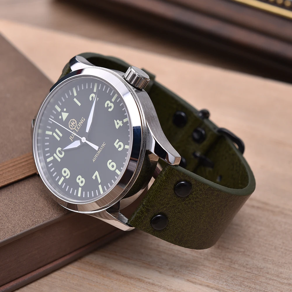 JUELONG Lychee Texture Genuine Leather Watch Strap 22mm Black Hardware Polit Watch Band