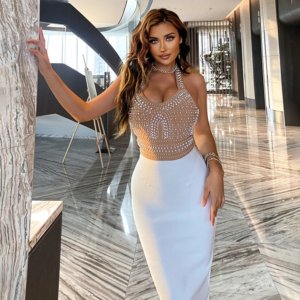 Wholesale Private Label OEM Women Pearl Beaded Birthday Midi Bandage Cocktail Elegant Party Dress Ladies Elegant