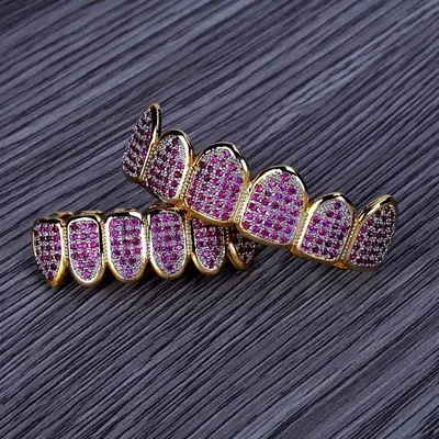 Hip Hop Teeth Grillz Micro Pave Fuchsia CZ Stone Iced Out Top Bottom Set Vampire Mouth Bling Jewelry