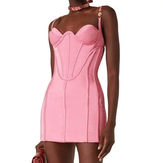 Custom Cheap 2023 Women Casual Fashion Summer Lady Pink Elegant Corset Luxury Strapless Sexy Bodycon Party Club Mini Dress