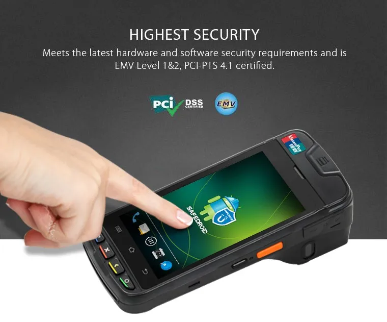 Removable 5000mAh battrry mobile payment device with 30/40mm OD thermal printer inside and 1d2d barcode scan sensor 5 ' screen