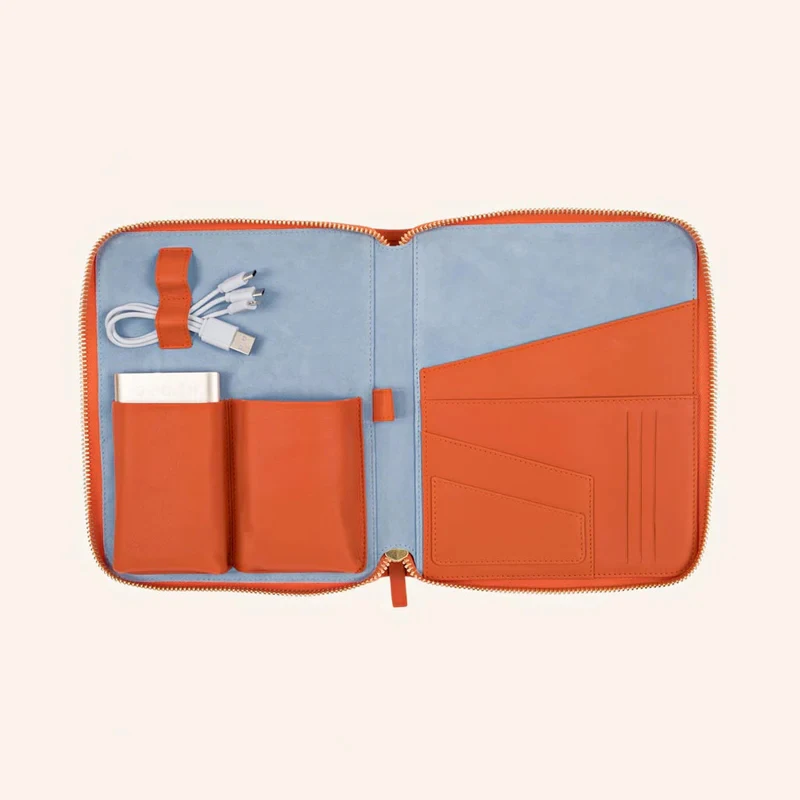 Handmade Genuine Leather Zip Around Portable Tech Organizer Pouch Travel Cable Organizer Bag