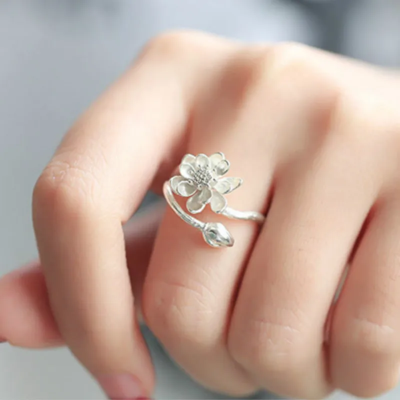 
Amazon Hot Sell 925 Sterling Silver Rings Lotus Plum Flower Handmade Rings For Woman 