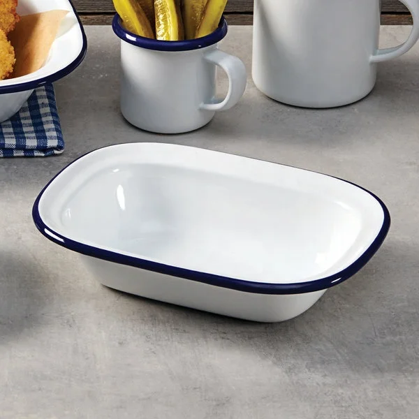 Classic Metal Pie Pan for Camping Sustainable Plate Dish Design, Enamel Tableware Sets With Blue Rim.