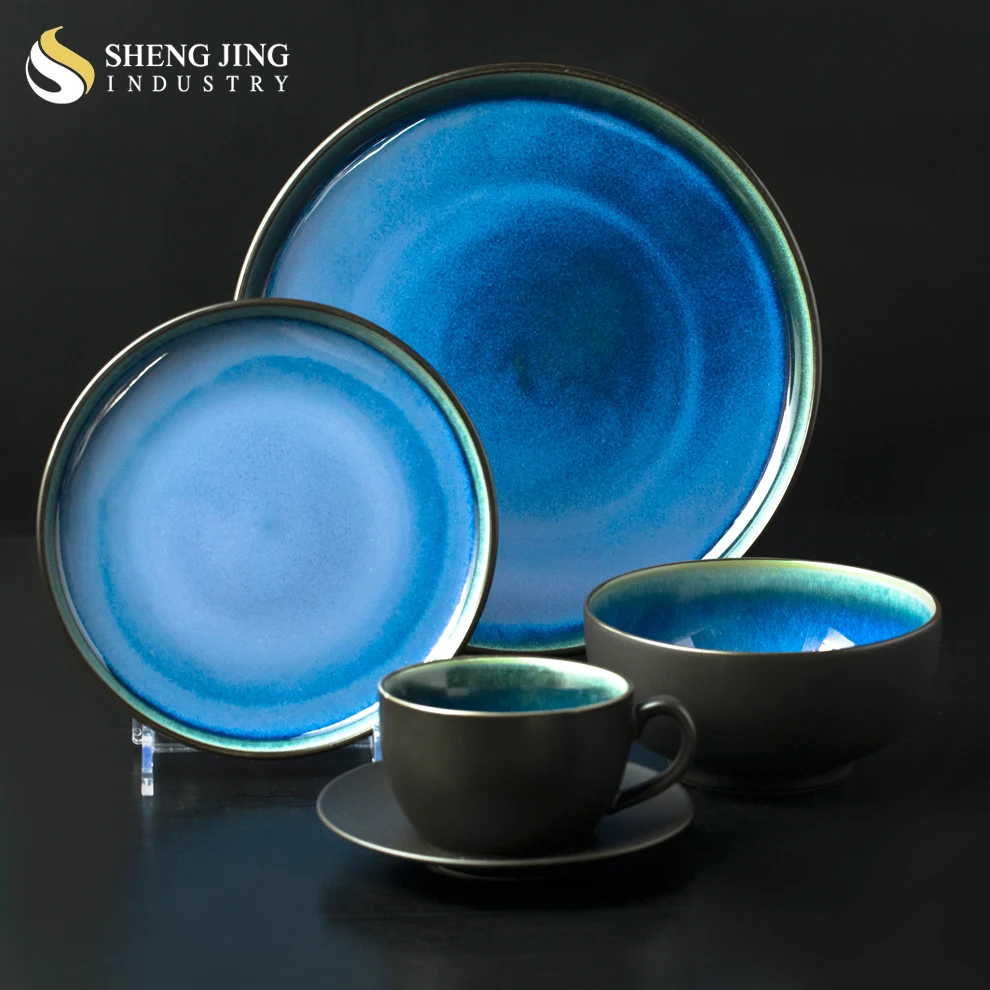 Shengjing Ceramic Glaze Black And Blue Dinner Set Luxury Restaurant Tableware Porcelain Plates Bowls Coffee Cup Sets