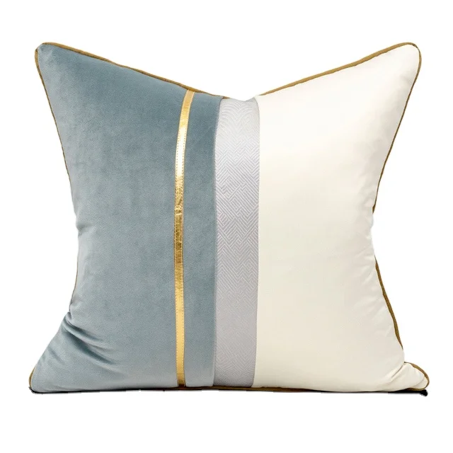 20 x 20 Inch Silver Gray White Geometric Striped Gold Leather Patchwork Velvet Cushion Case Luxury Modern Lumbar Throw Pillow