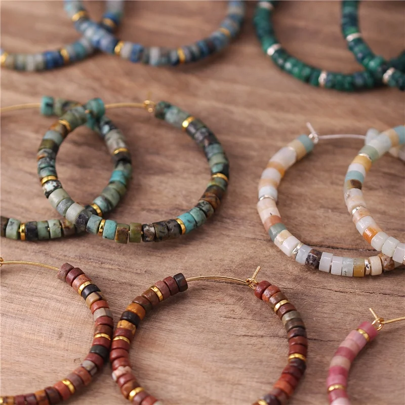 Bohemia 2x4mm Tile Natural Stone Beaded Drop Hoop Earrings Boho Gemstones Dangle Earrings Jewelry for Women Wholesale Dropship