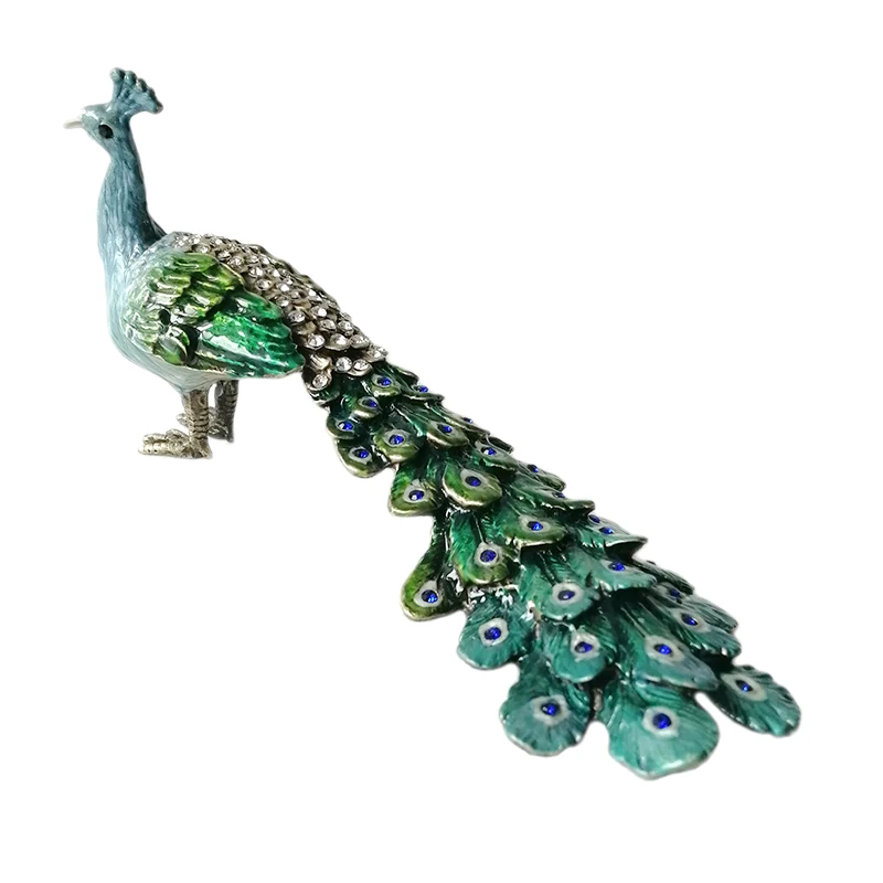 Green Jeweled Peacock Trinket Box Handmade Zinc Alloy Jewelry Box Standing Peacock Statues With Long Tail