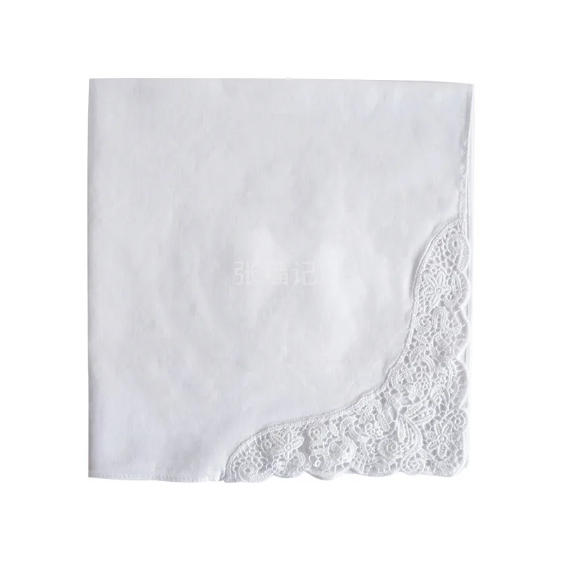 Women Wedding Gift Cotton Embroidered Customized White Handkerchief With Lace