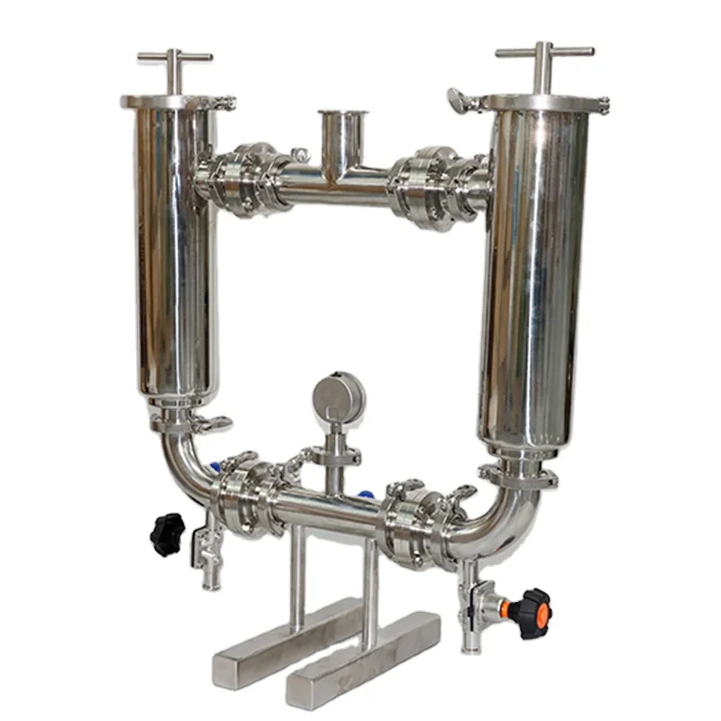 DN50 Tri Clamp Sanitary Stainless Steel SS304 Pipe Line Duplex Strainer Juice filter With Pressure Gauge And Sampling Valve