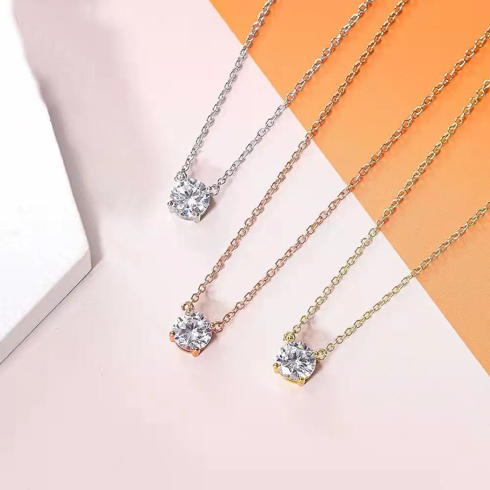 18K Gold Plated Simple Fresh Style 2 Carat Diamond Sim Pendant Necklace Four Claws High Carbon Classic Collarbone Chain