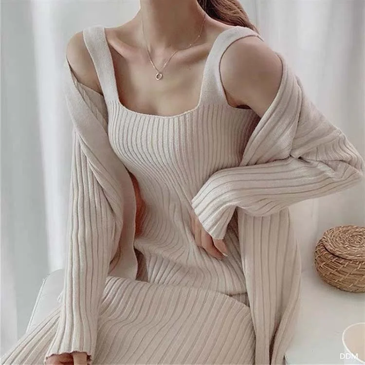 Spring Knitted Cardigans Spaghetti Strap Sweater Dress For Women 2 Piece Set Clothing