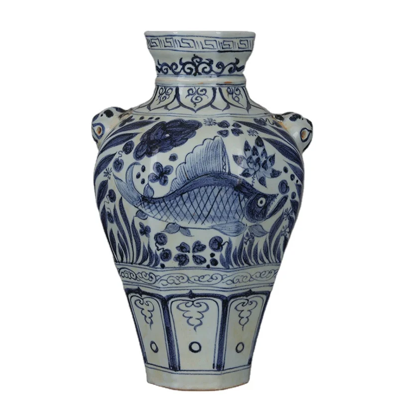Yuan Dynasty Chinese Antique Reproduction Blue and White Fish Pattern Auction Porcelain Vase
