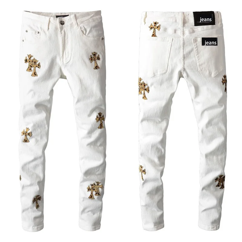 Rts For Dropshipping 724 Custom  golden leopard jens pant print cross white stretch  youth slim pants high street damaged jeans denim men