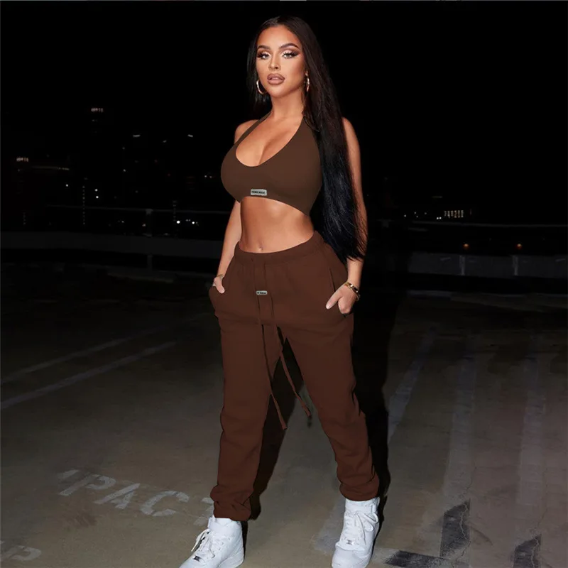 Hot Street Gym Workout Women Halter Tracksuits Jogger 2 Piece Casual Trousers Suit Fitness Yoga Set