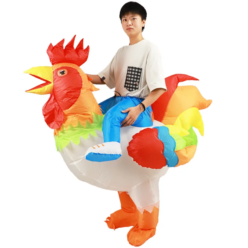 Adorable Funny Riding Colorful Rooster Design Inflatable Suit, Half Body Inflatable Cartoon Doll Outfit, Halloween Christmas