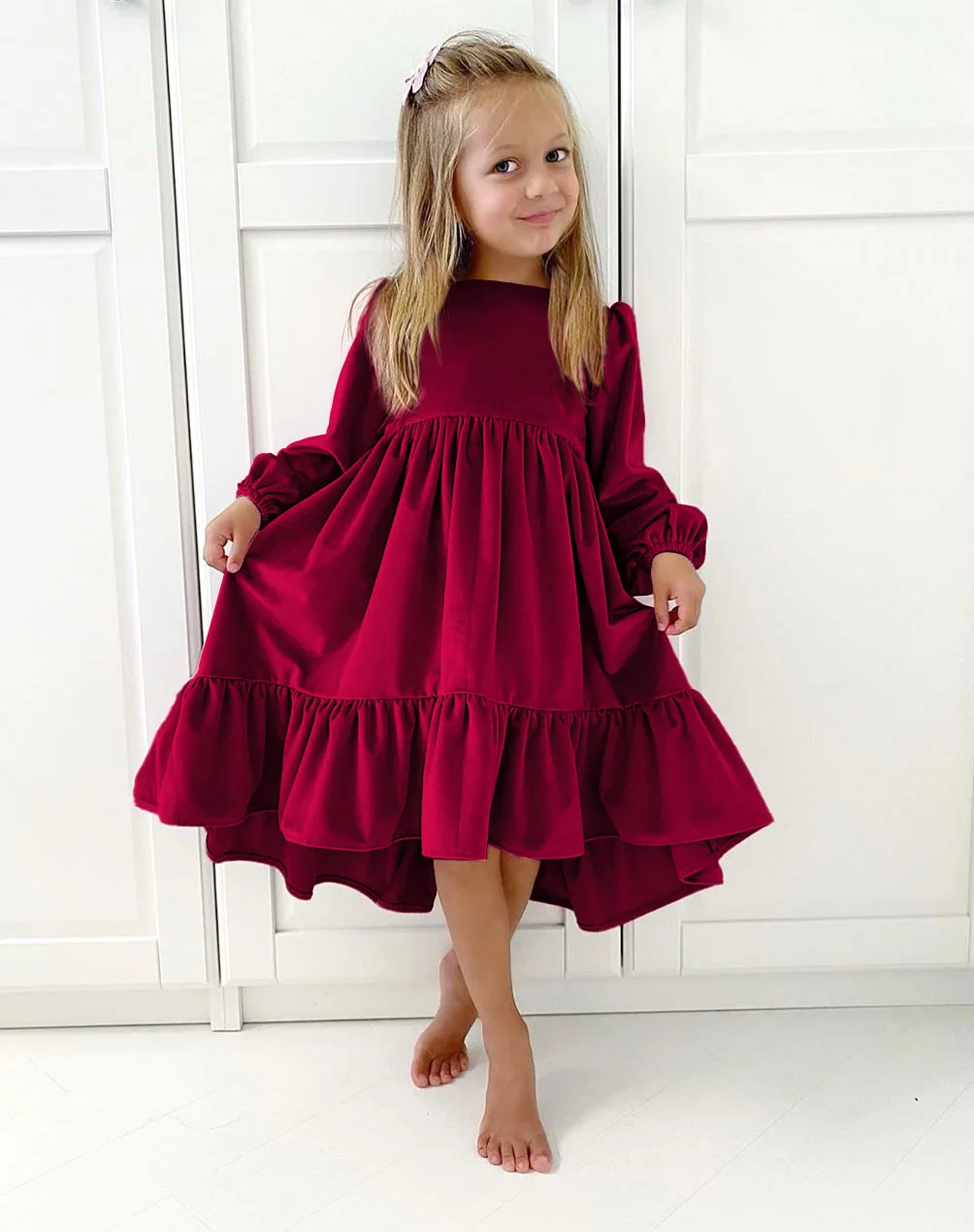 2024 Fashion Hot Kids Velvet Dress High Quality Long Sleeve Ruffle Dress Autumn Winter Children Party Princess Girls Dresses