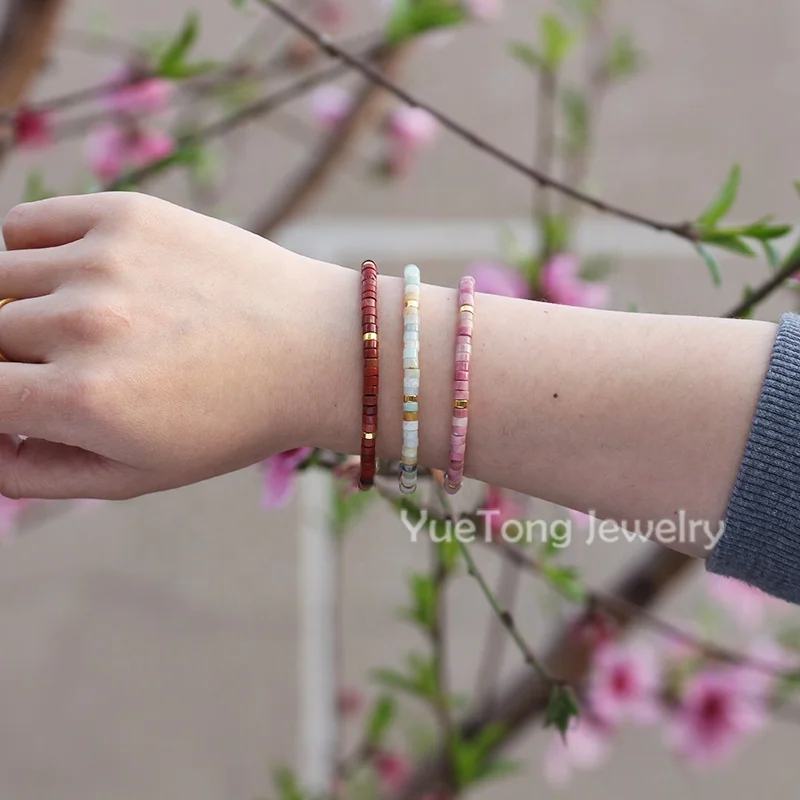 18k Gold PVD Stainless Steel 2x4mm Natural Stone Beads Dainty Bracelet Women Clasp Chain Adjustable Healing Bracelet Wholesale