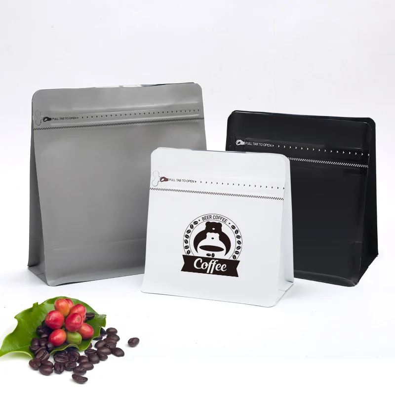 Custom logo flat bottom coffee packaging bag self-sealing coffee pouch with air valve