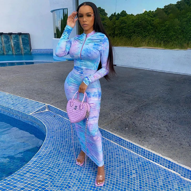 2021 Women Clothes Bodycon Long Sleeve Zip Tie Dye Elegant Maxi Dresses Ladies