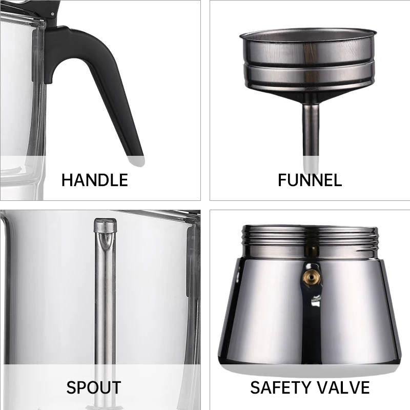 160ml/240ml/360ml Transparent Glass Cooking Moka Pot Hot Selling High Borosilicate Glass Espresso Moka Pot