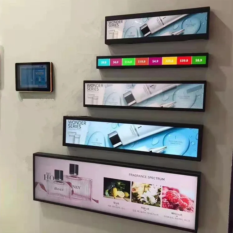 High Resolution Slim Shelf Bar LCD Screen Stretched Digital Signage Android Ultra Wide TFT Display Monitor for Supermarket