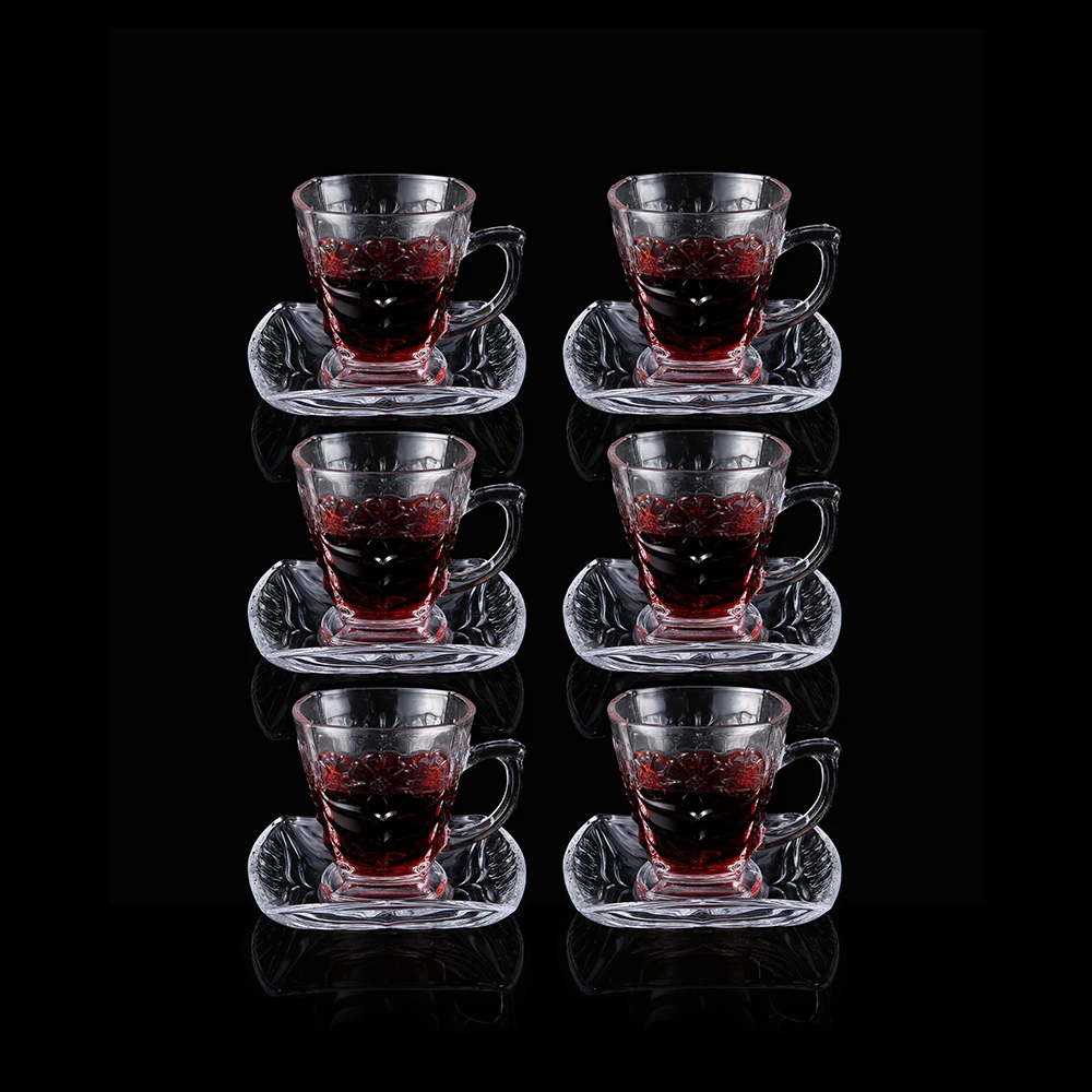 Simple Design Decorative Glass Cup Saucer Set With Pattern Handles Drinking Coffee Cup With Saucer