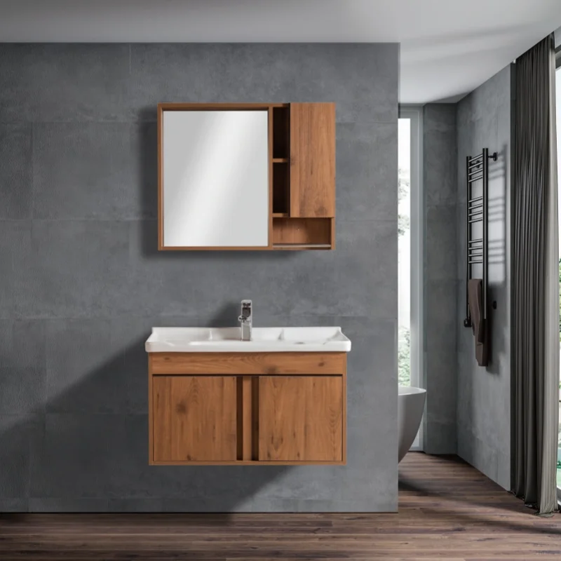 modern wood tone PVC paint-free wall mounted bathroom vanity with sink and mirror set bathroom