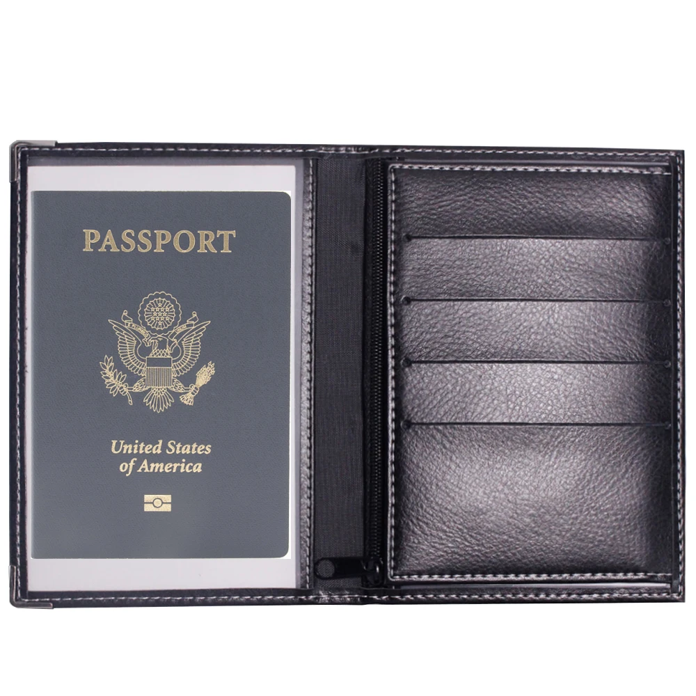 Black no logo transparent pvc inner sheet travel wallet genuine leather card cover blank passport holder