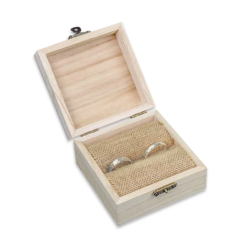 Wooden clamshell boutique ring gift box paulownia with lock cover storage box  empty wooden jewelry box