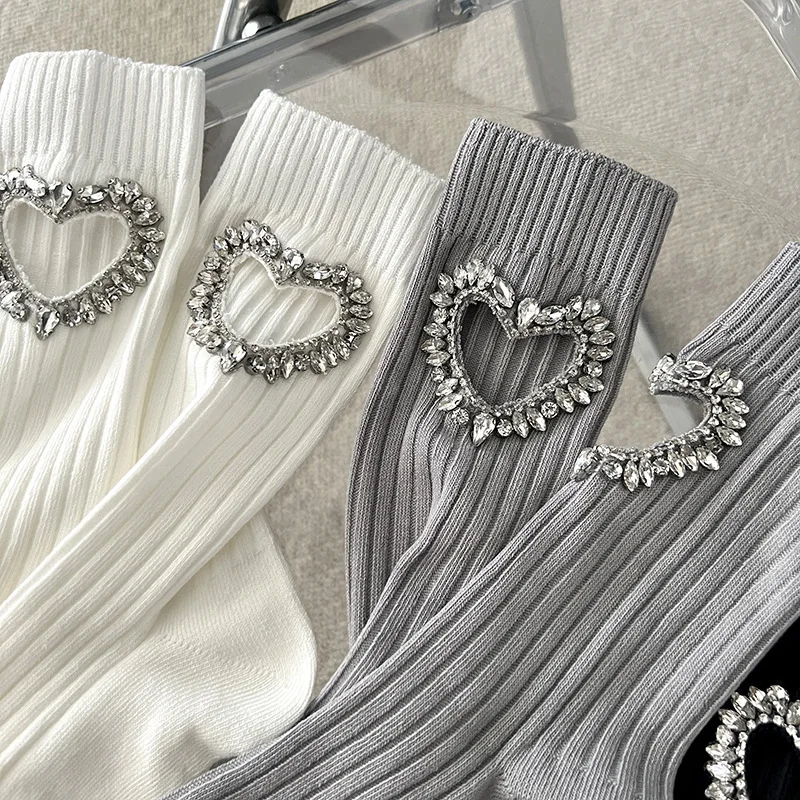 Luxury Glitter Diamond Hollow Heart Socks Women Harajuku Shiny Stockings Autumn Winter Loose Socks Female Mid-tube Cotton Socks