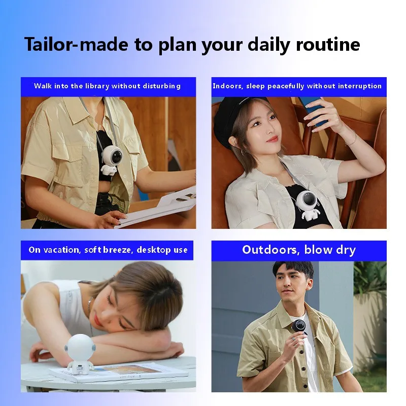 2022 New astronaut small fan hanging neck handheld mini portable usb mini leafless outdoor camping fan