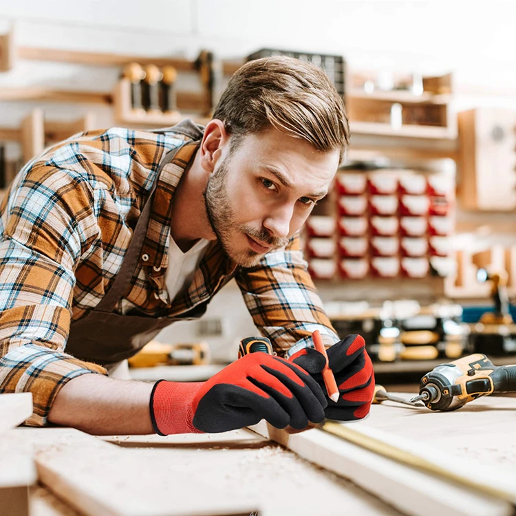 Factory Price 13 Gauge Red Black Polyester Cotton Latex Palm Coated Gloves For Garden Construction