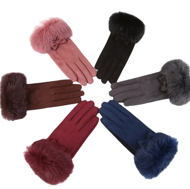 Custom Factory Winter Warm Faux Fleece Cuff Gloves With Velvet Reinforced Suede Imitation Rabbit Fur Gloves