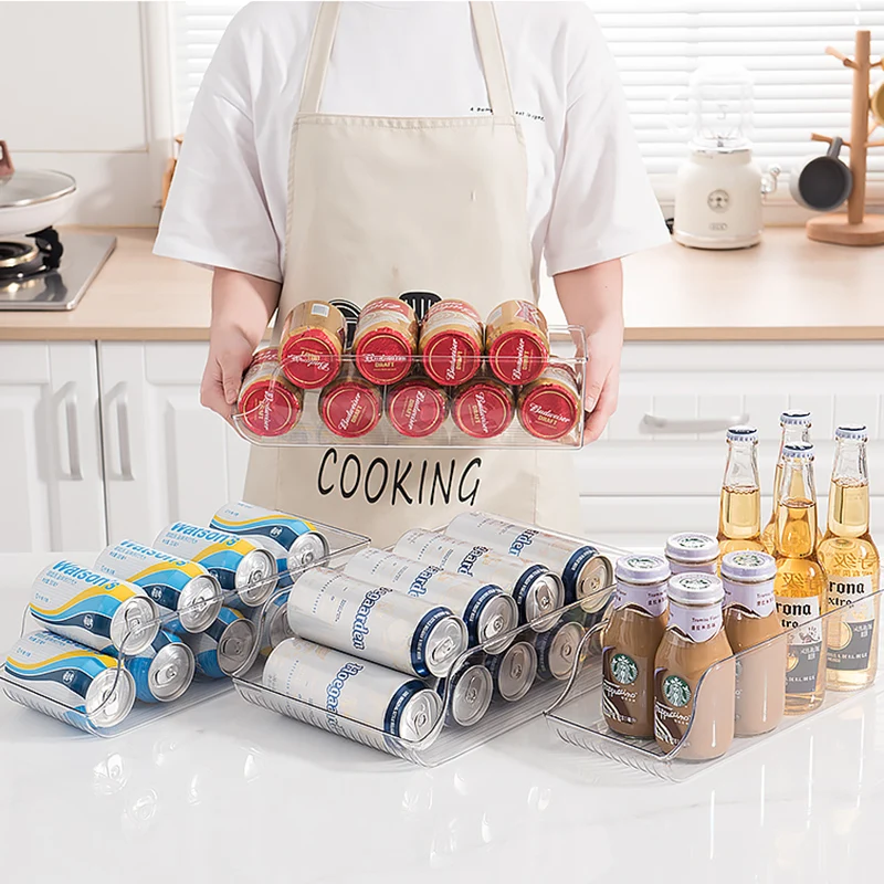 Design Large Plastic Pop Soda Can Dispenser Storage Organizer Bin for Kitchen Cabinets Refrigerator Clear