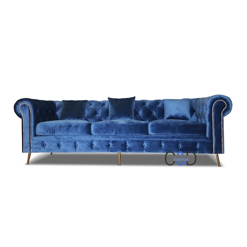 l shaped luxury fabric blue velvet couch sofa Chesterfield living room furniture