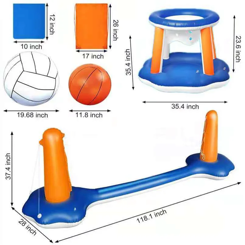 Swimming Game Toys Volleyball Net & Basketball Hoops Inflatable Pool Float Hoop Set