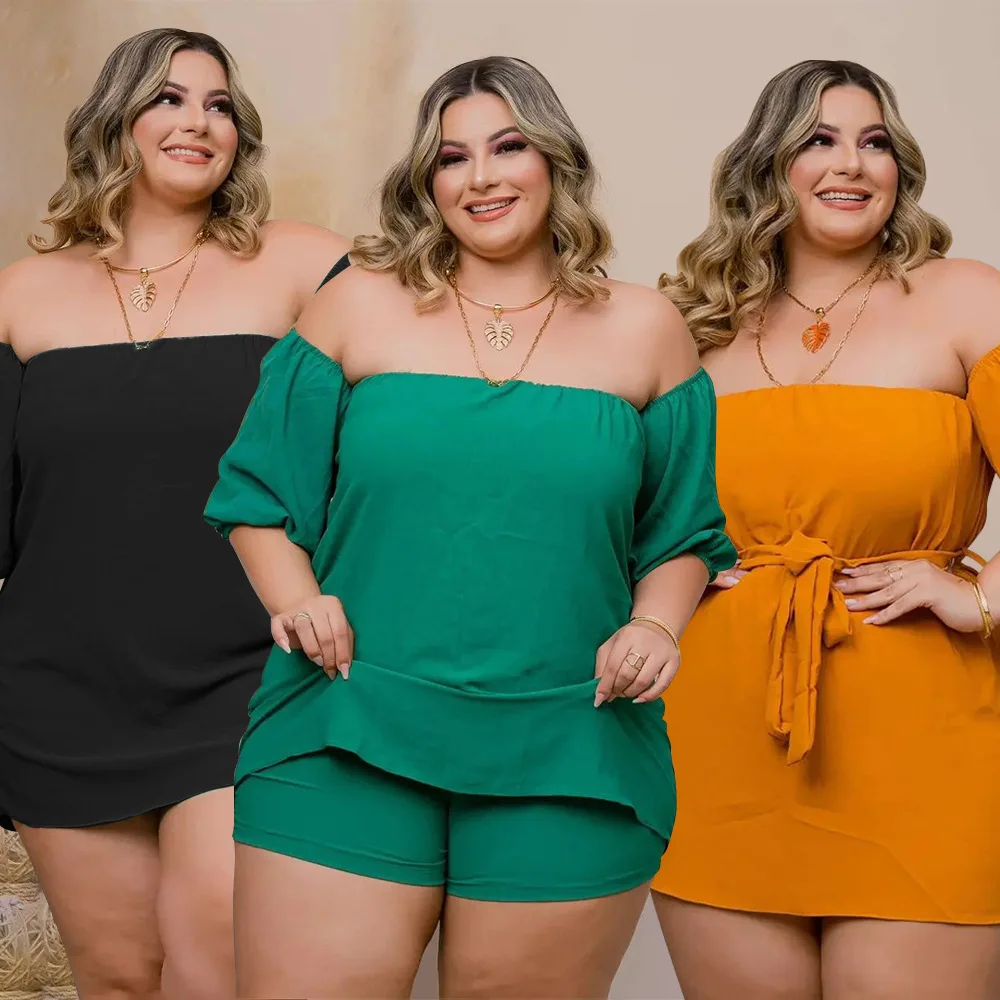BR2224 	Plus Size Summer Clothes Solid Two Piece Set Women Fashion Off Shoulder T-shirt Shorts Matching Outfits