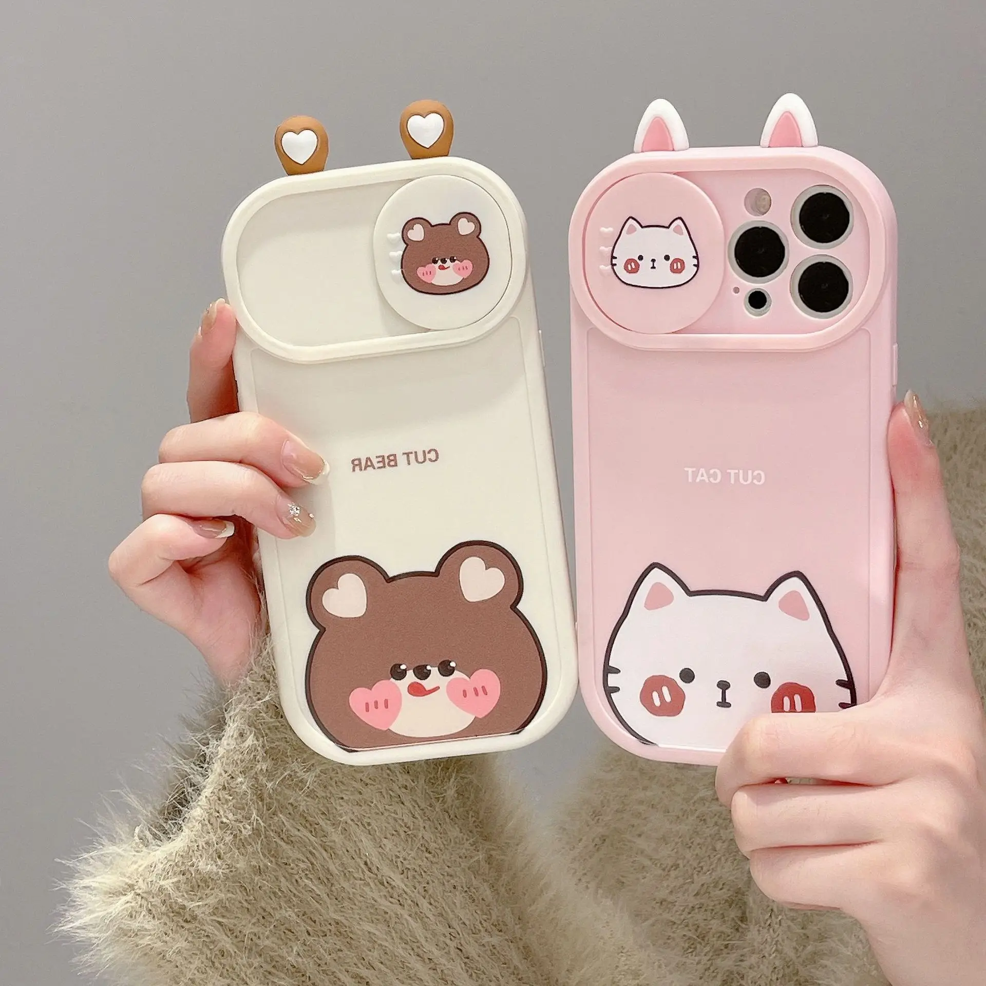 3D Cute Cartoon Bear Pink Cat Sliding Window Phone Case For iPhone 13 14 Pro Max 11 12 XR X Xs Max Camera Lens Protection Cover