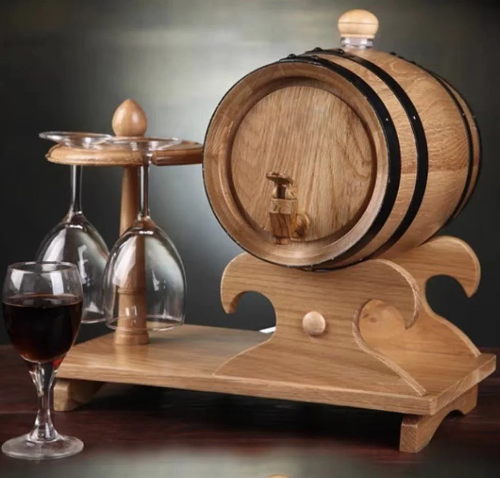 New Design Solid Wooden Wine Barrel Handcrafted Vintage Whiskey and Wine Storage Barrel with Glass Holder for Gifts