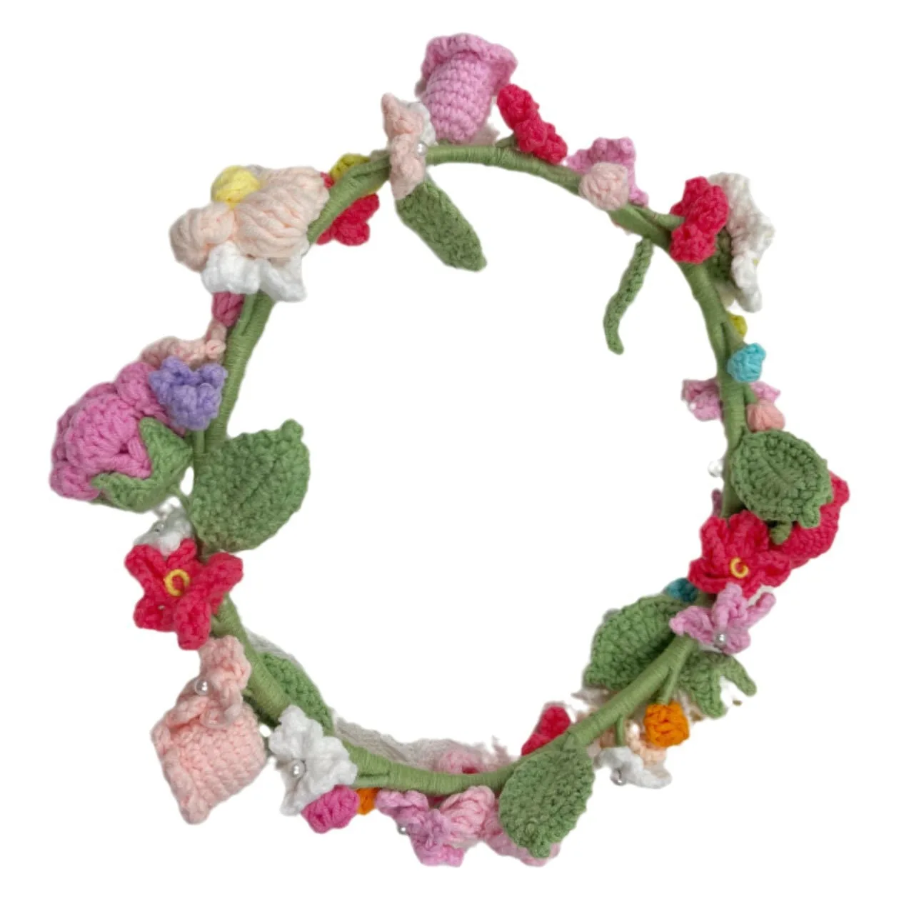 Handmade Colorful Knitted Woolen Yarn Flowers Decorative Garland Crochet Flower Wreath Hair Accessories Car Wreath Christmas