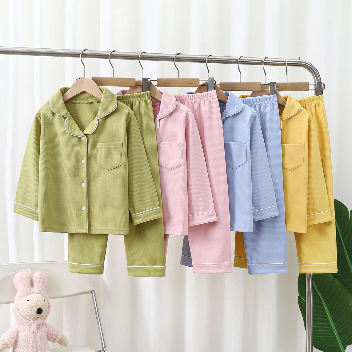 Wholesale 90-180cm Cotton Kids Pajamas 2024 Solid Color Breathable Casual Teen Girls Sleepwears Set