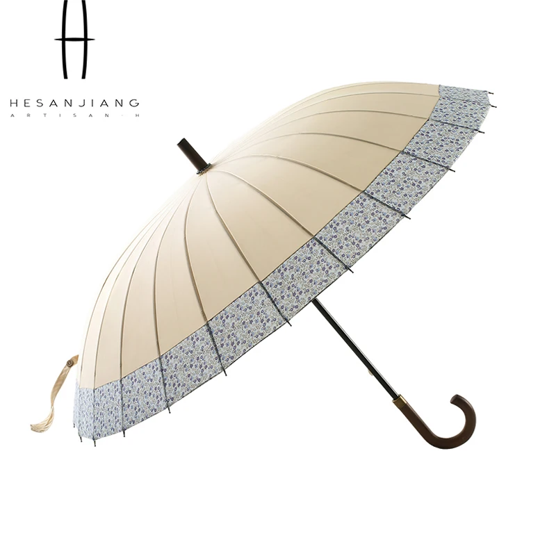 24K large green long gift umbrella manual open wooden hook handle straight umbrella with custom logo