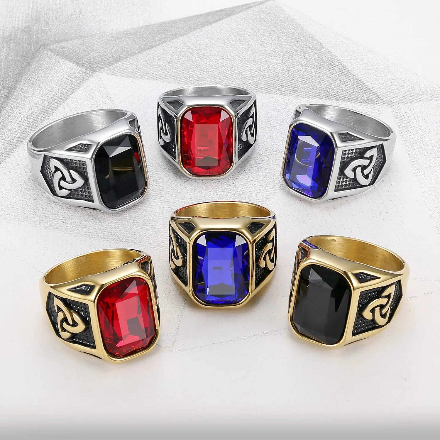 Wholesale Custom Ruby ring sapphire royal blue Stainless Steel  Black stone ring for men Gold Jewelry