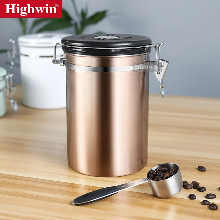 HIGHWIN Bronze Painting Airtight Stainless Steel Coffee Canister with Built-in CO2 Valve and Spoon