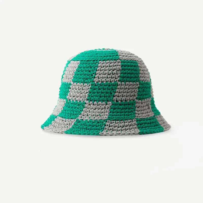 Custom colorful ladies hand made crochet fisherman cap hat chunky checkered knitted crochet bucket hat