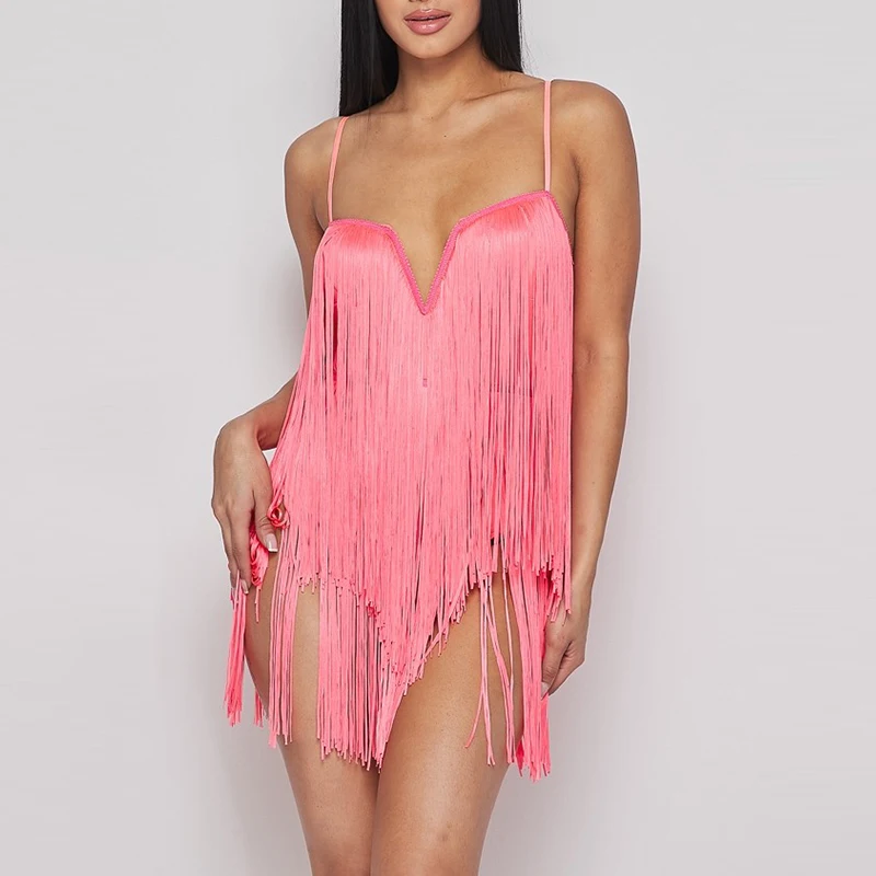 Adjustable Straps Wired V-neck Neon Fringe V-Neck Mini Dress Women Trendy Bodysuits